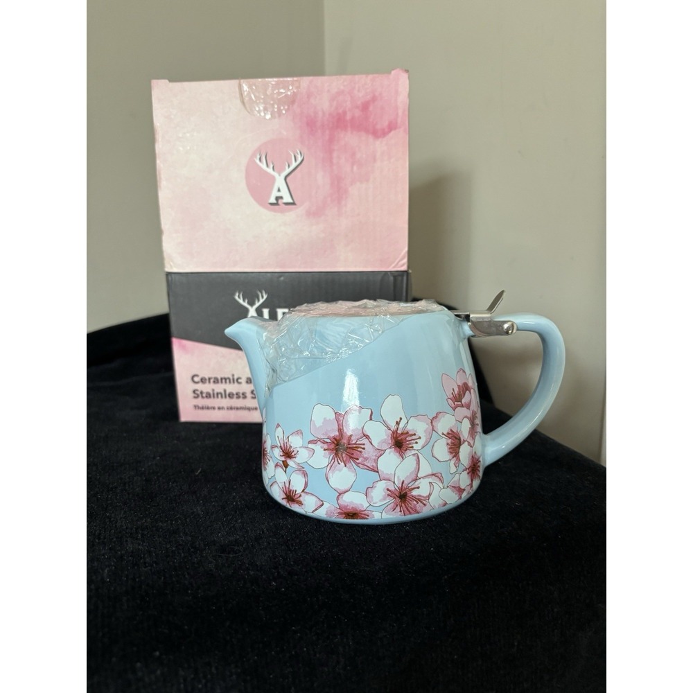 Alfred Ceramic Blue & Pink Cherry Blossoms Little Tea Pot Infuser 20 oz. NIB